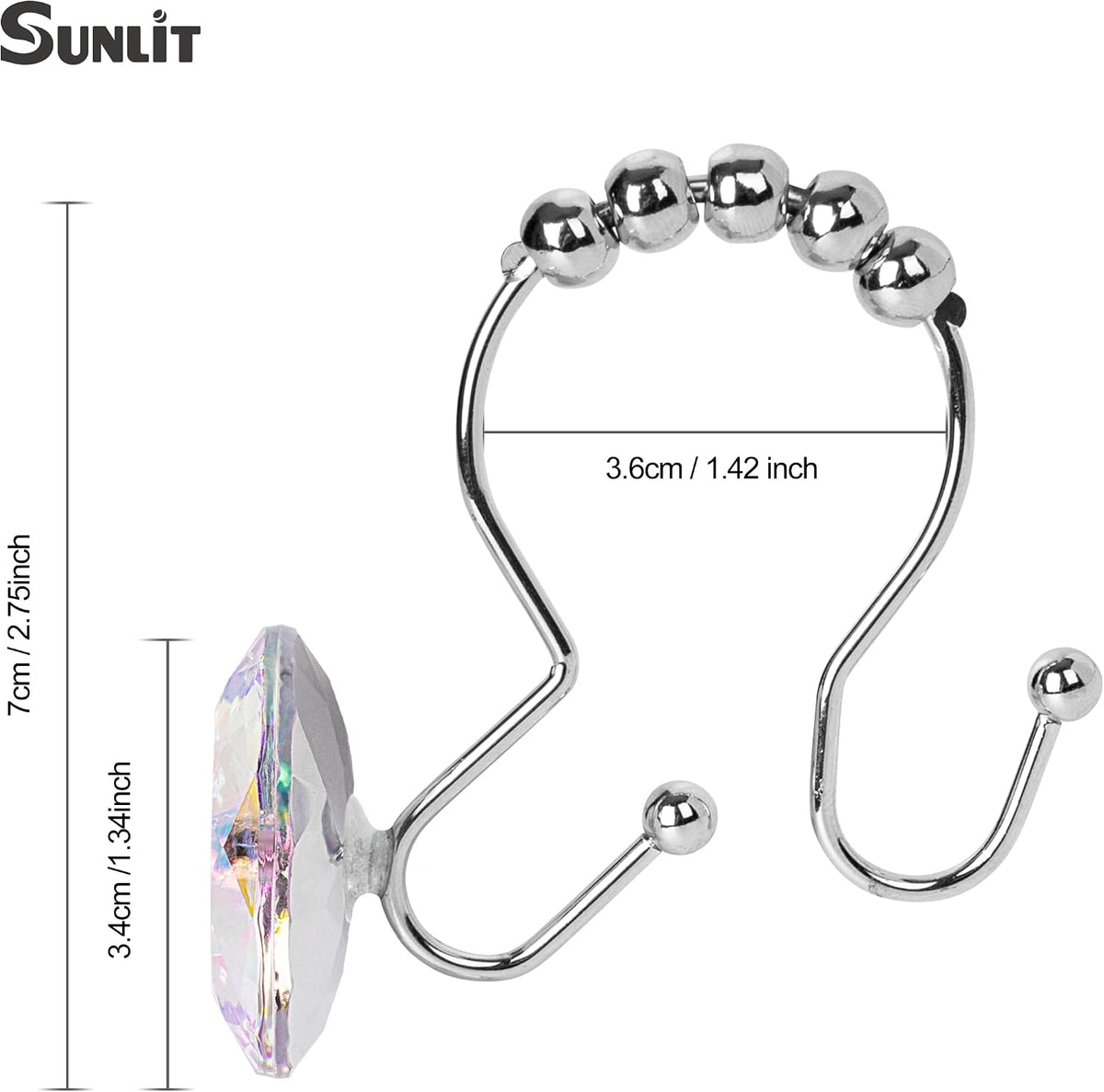 Sunlit Round Rhinestone Shower Curtain Hooks with Glide Balls, 12 Pack