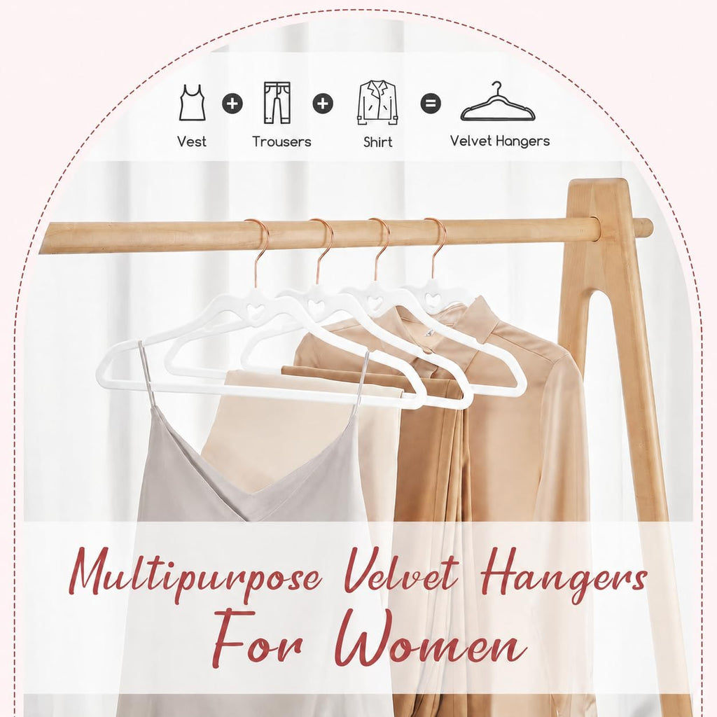 HOUSE DAY White Velvet Hangers 60 Pack, Non Slip Felt Hangers Heart-Shaped