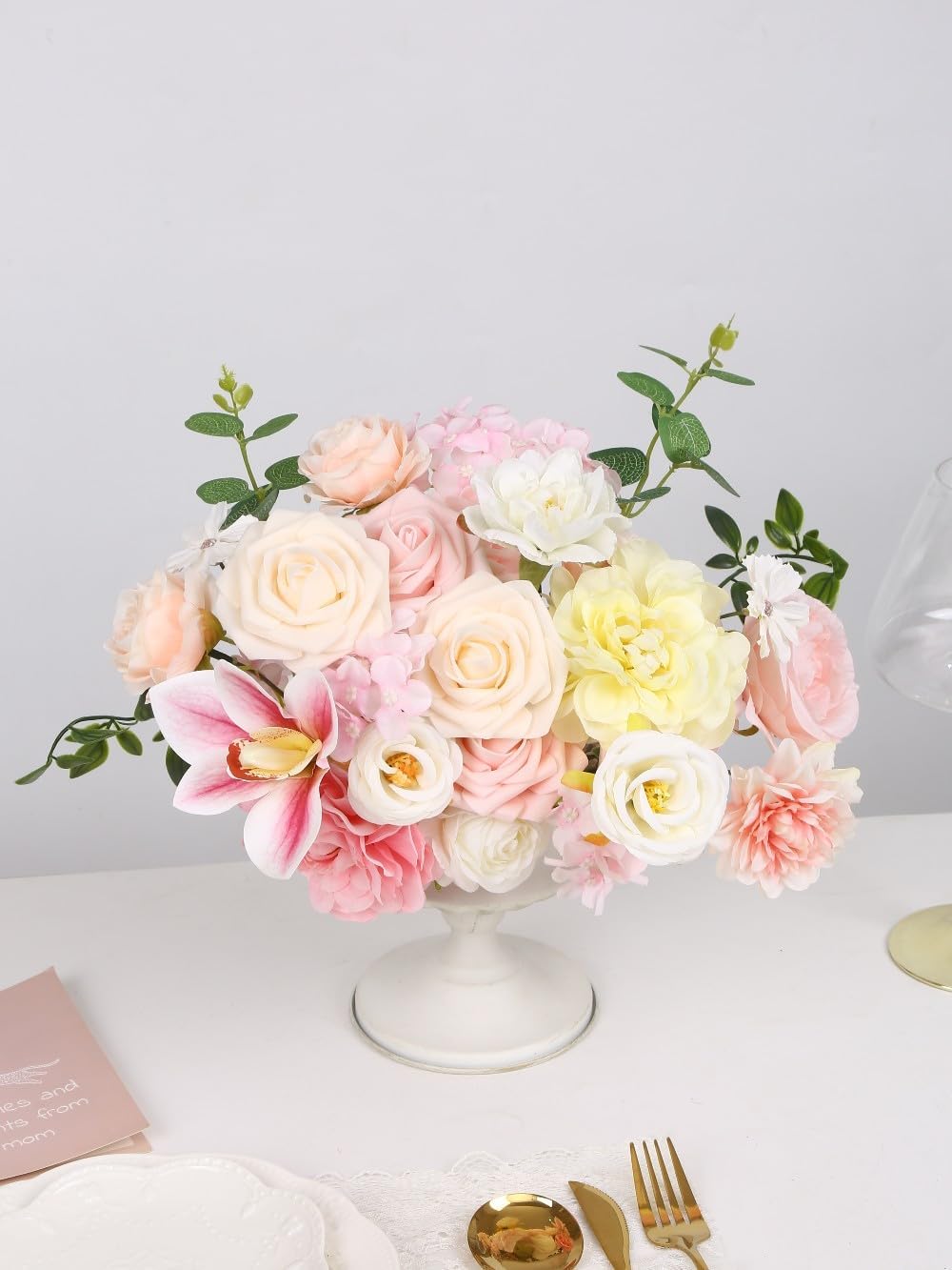 Artificial Pink Flower Box Arrangement, Fake Silk Rose Hydrangea Orchid Eucalyptus Greenery Floral Centerpiece, Artificial Flowers Gift Box for Wedding Bridal Shower Home Table Decor