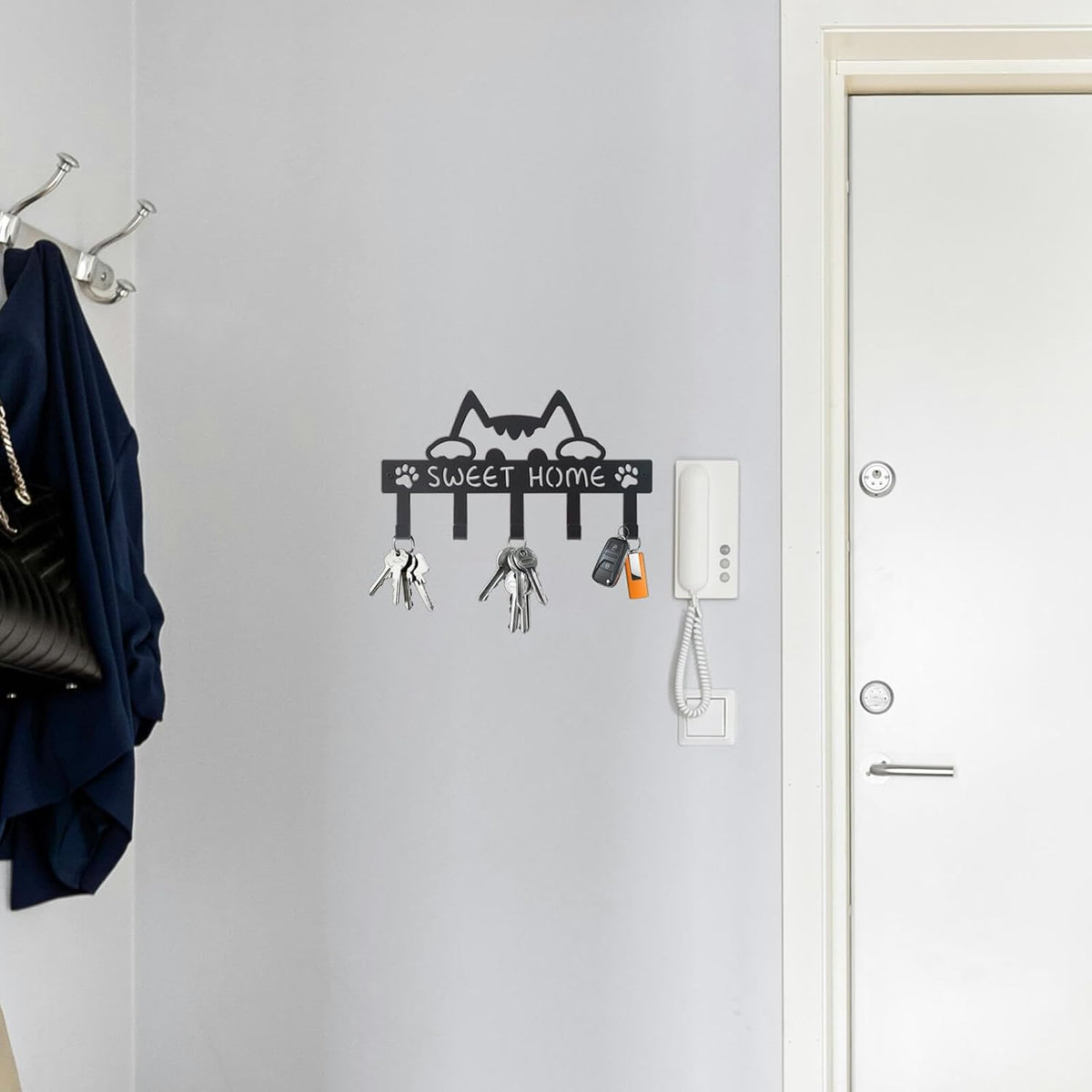 Key Holder Hooks Wall Mounted Organizer Hanger Rack, Cat Sweet Home Wall Metal Decor for Entryway Front Door Kitchen Hallway Garage Mudroom Office
