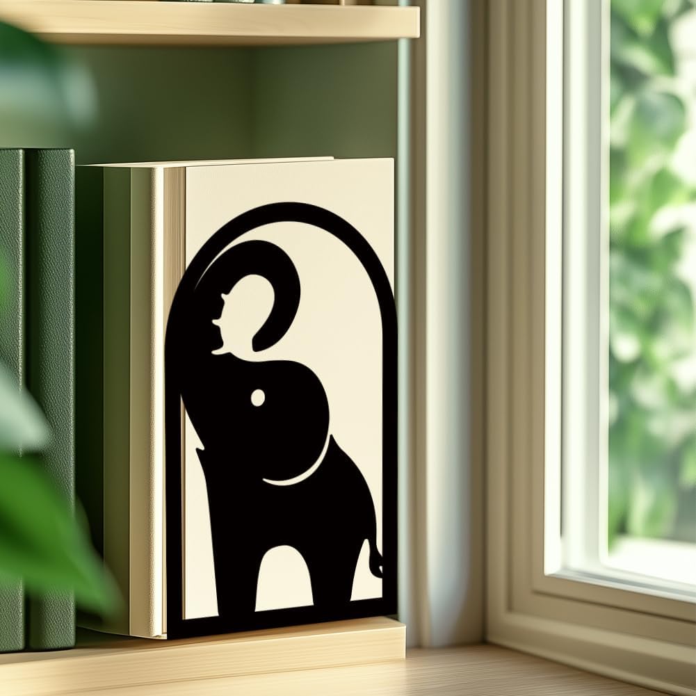 INFUNLY 1 Pair Metal Book Ends for Shelves Elephant Trunk Black Bookshelf Holder Stand Black Book Stopper Support for Desktop 7.1x4.7x3.5 for Home Office Library School Kitchen Decor