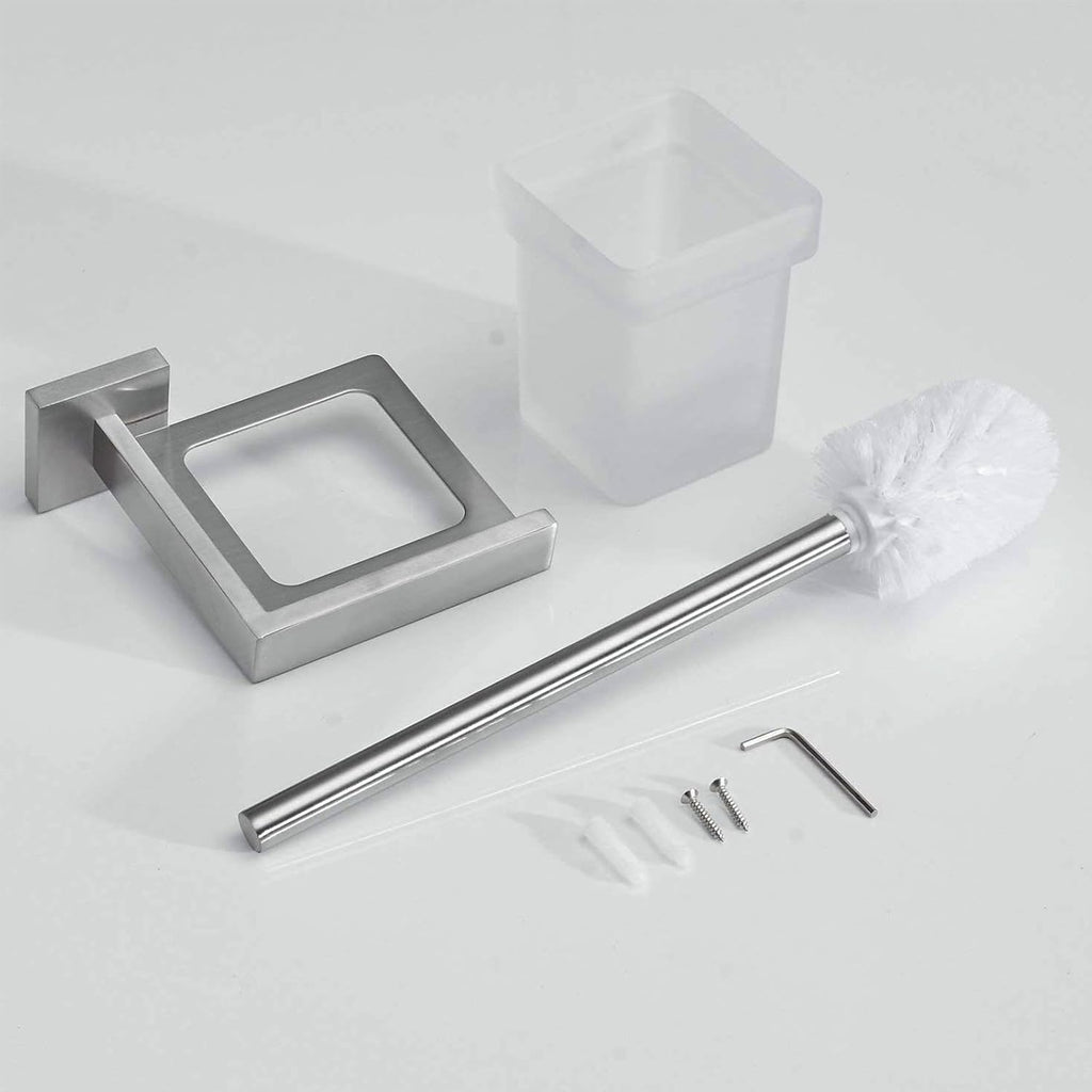 Toilet Brush and Holder Set, NEWRAIN 304 Stainless Steel Wall Mounted Toilet Brush with Long Brush Handle, Brushed Nickel Toilet Scrubber, Glass Canister