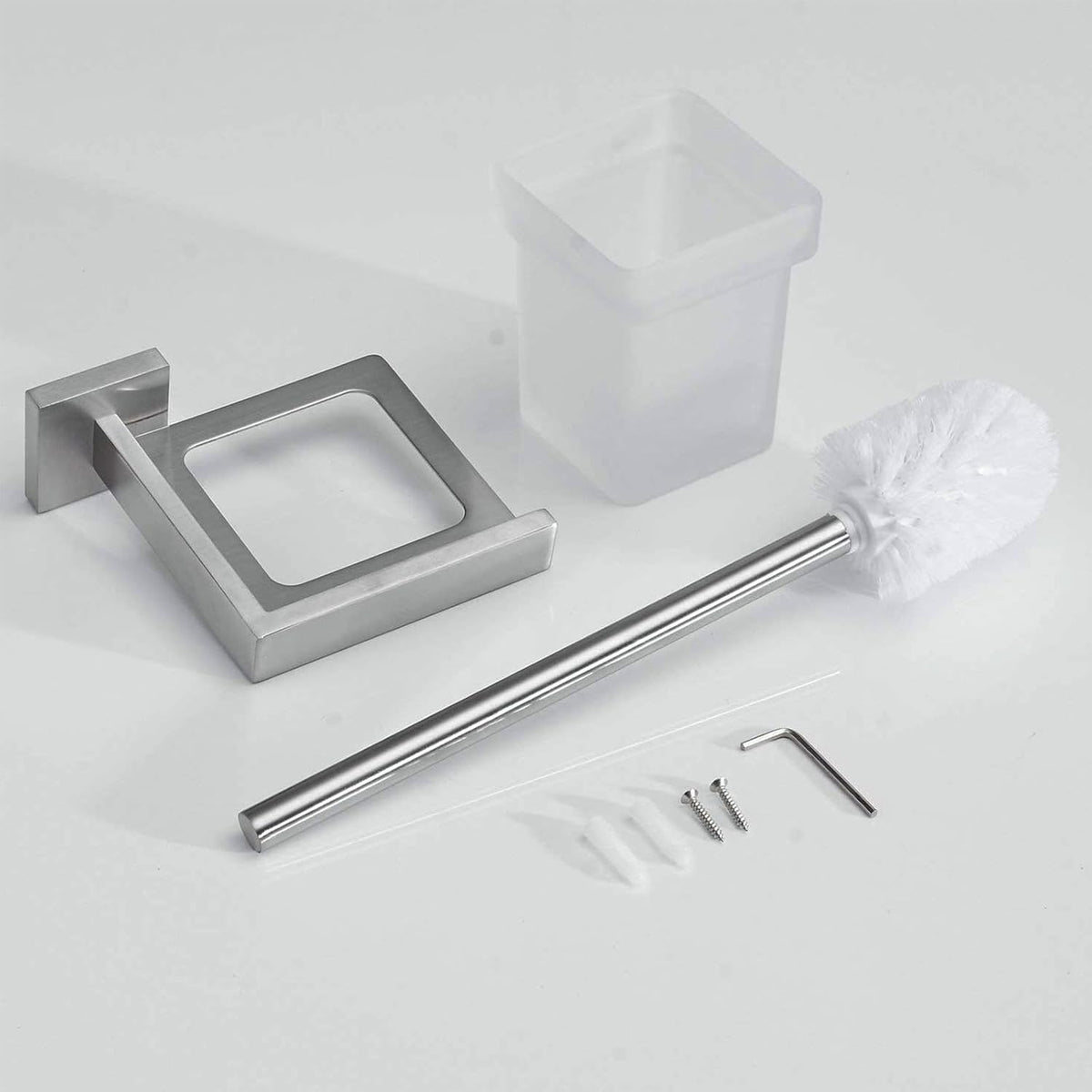 Toilet Brush and Holder Set, NEWRAIN 304 Stainless Steel Wall Mounted Toilet Brush with Long Brush Handle, Brushed Nickel Toilet Scrubber, Glass Canister