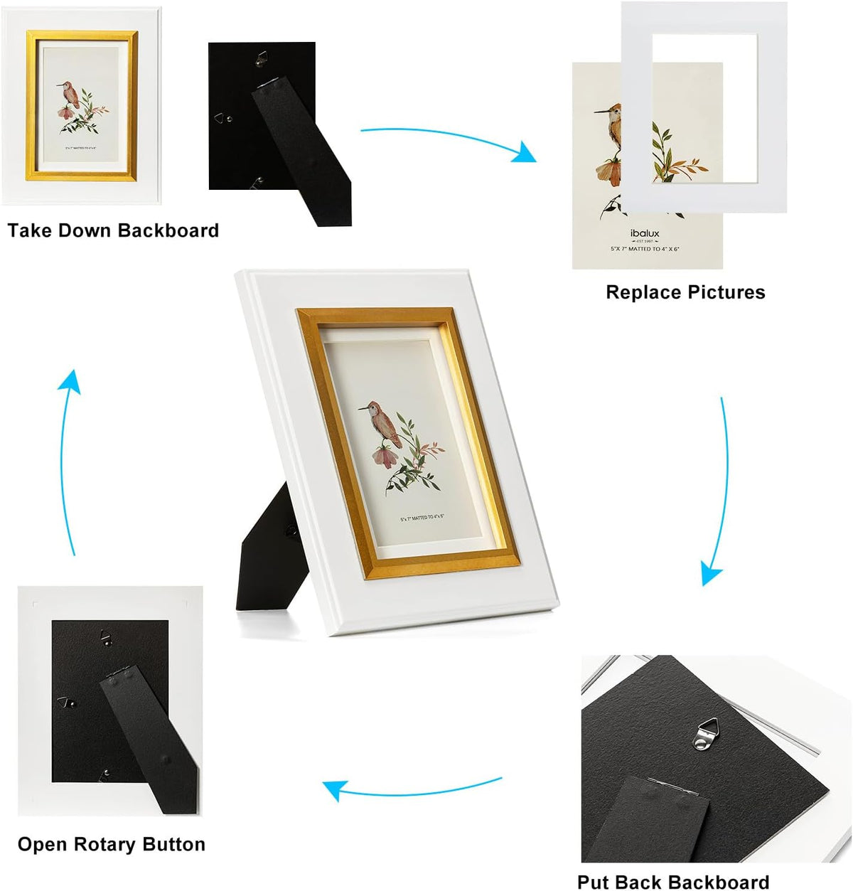 5x7 White Wood Picture Frame with Real Glass, Gold Inner Border, Matted to 4x6, Vertical and Horizontal for Tabletop or Wall Hanging