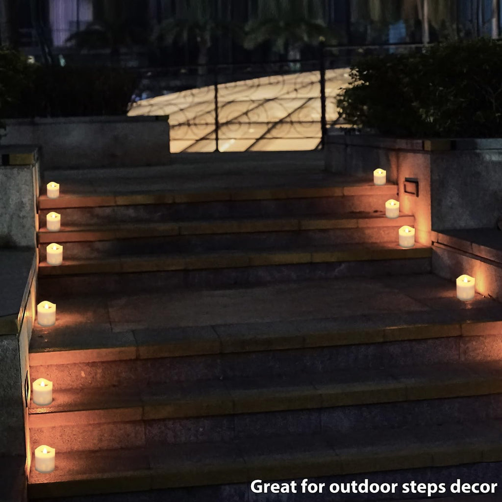 Solar Candles Outdoor Waterproof, 4pcs Rechargeable Dusk to Dawn Little Votive Candles, Flameless Flickering Solar Tea Lights for Patio Yard Deck Pathway Window Outdoor Lantern Decor (Warm White)