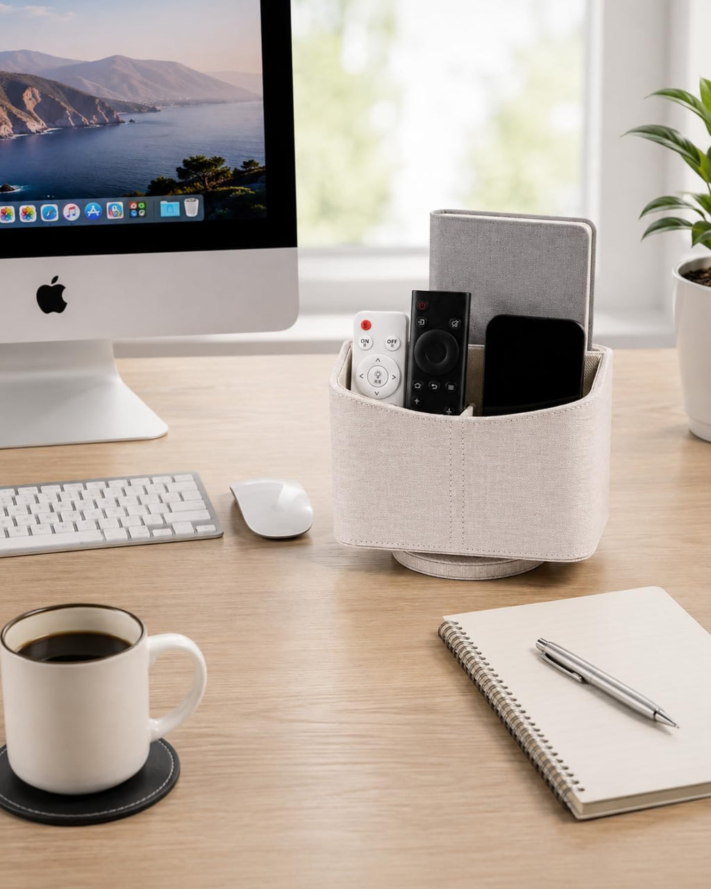 LAMOTI Remote Control Holder, 360° Rotating PU Leather Desk Organizer