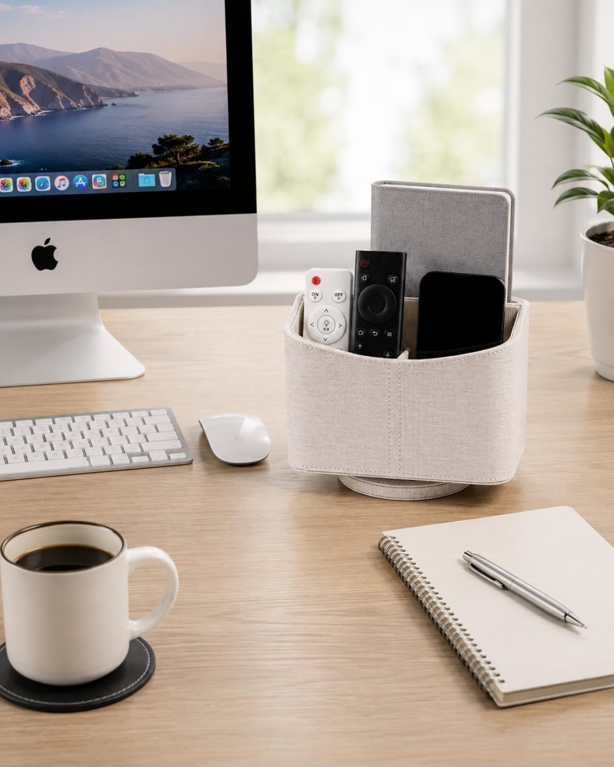 LAMOTI Remote Control Holder, 360° Rotating PU Leather Desk Organizer