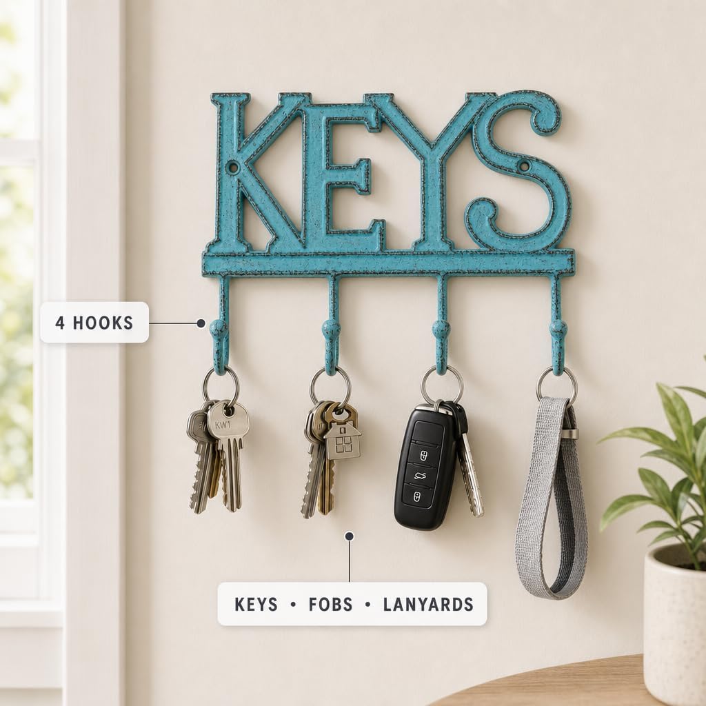 Comfify Rustic Blue Cast Iron Key Holder for Wall – Keys Sign with 4 Hooks