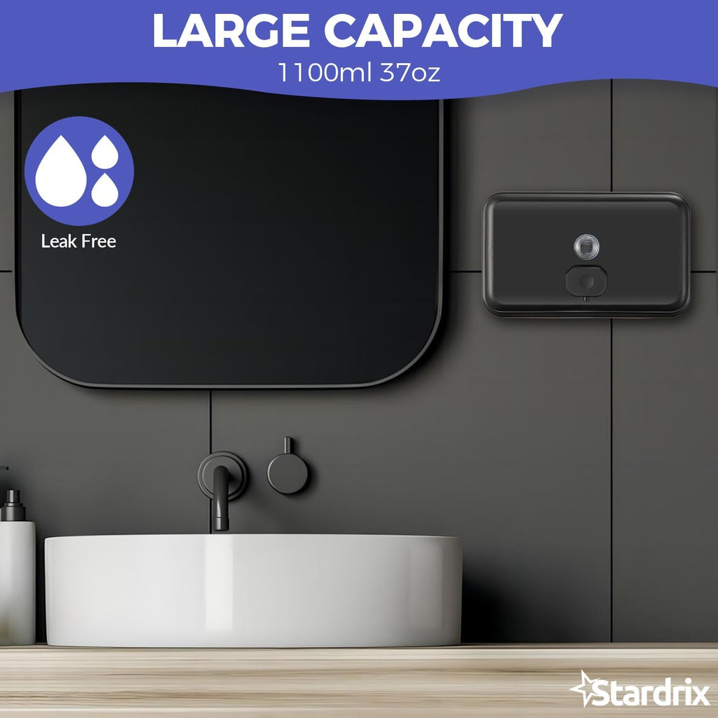 Stardrix Matte Black Stainless Steel Horizontal 1100ml/37oz Capacity Commercial-Grade Soap Dispenser, Wall-Mounted Bathroom Hand Soap Dispenser with Corrosion-Proof Lining and Anti-Leak Pump