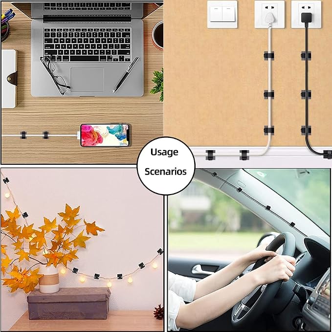 100 PCS White Adhesive Cable Clips Cord Organizer (Small, Medium,Large),Wire Holder for Cable Management, Outdoor Light Clips Light Hooks for LED String,Car Dash Cam, Extension Cord (White)