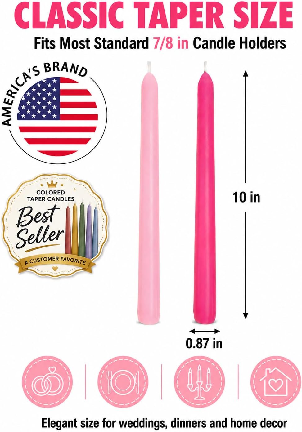 6 Hot Pink 6 Pink 10 Inch Taper Candles for Wedding Valentine's Day