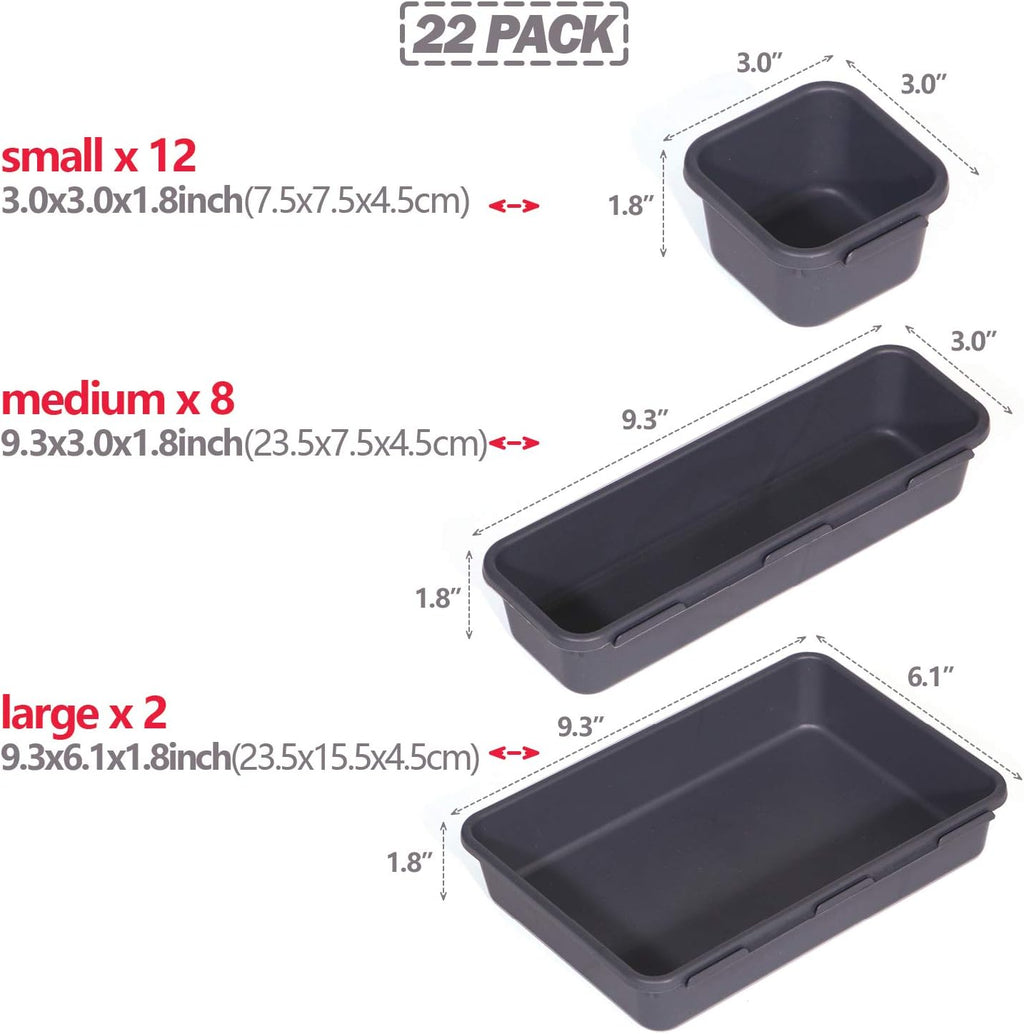 Set of 22 Interlocking Desk Drawer Organizer Tray Dividers Plastic Shallow Narrow Drawers Organizers Separators and Storage Bins Container for Kitchen Bathroom Makeup Office Vanity Bedroom Dresser