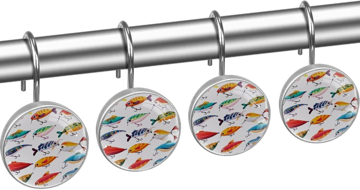 12 Pcs Fishing Lures Shower Curtain Hooks, Decorative Shower Curtain Rings for Bathroom, Stainless Steel Rustproof Curtain Rings Hangers for Shower Curtain Rod