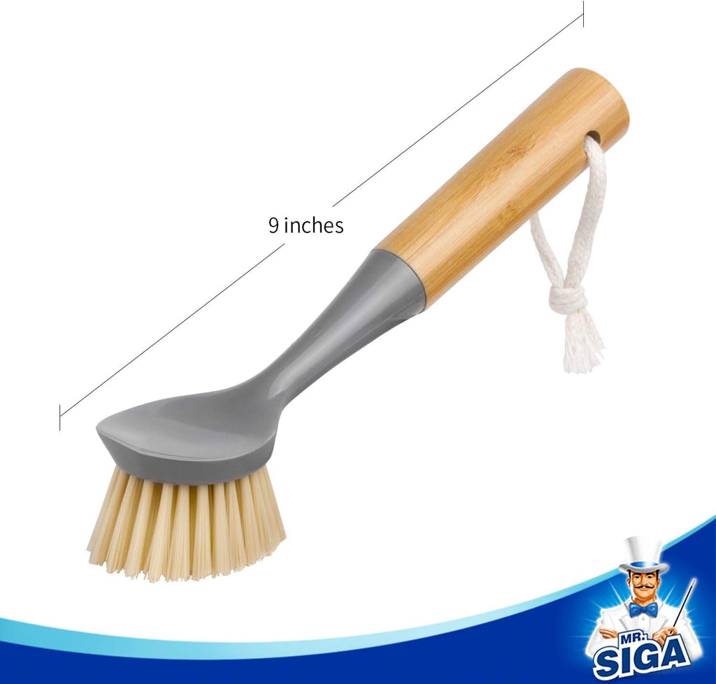 MR.SIGA Dish Brush with Bamboo Handle Built-in Scraper, Pack of 2