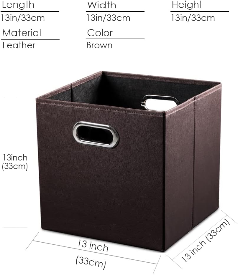 PRANDOM Leather Foldable Cube Storage Bins 13x13 inch [4-Pack] Fabric Storage Baskets Cubes Drawer with Cotton Handles Organizer for Shelves Nursery Closet Bedroom Clothes Brown