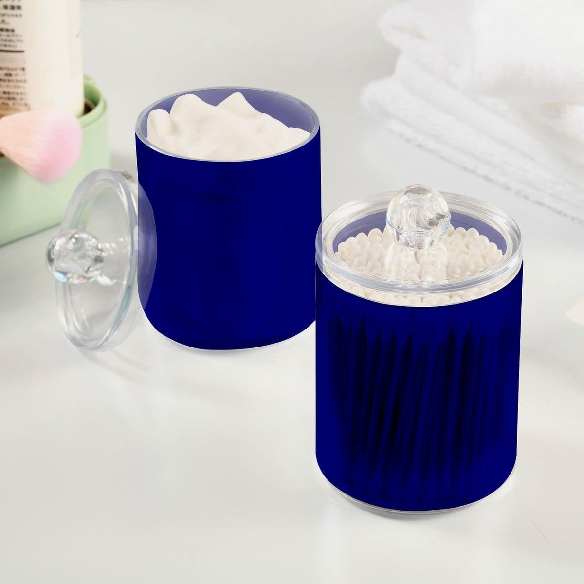 Navy Blue Qtip Dispenser Apothecary Jars Bathroom Qtip Holder Storage Canister 10 Oz Plastic Jar for Cotton Ball Swab Round Pads Floss 2pcs