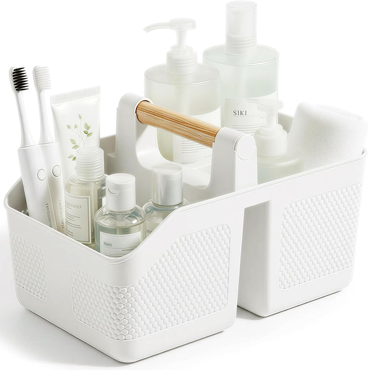 Plastic Shower Caddy Portable Shower Basket with Bamboo Handle, White