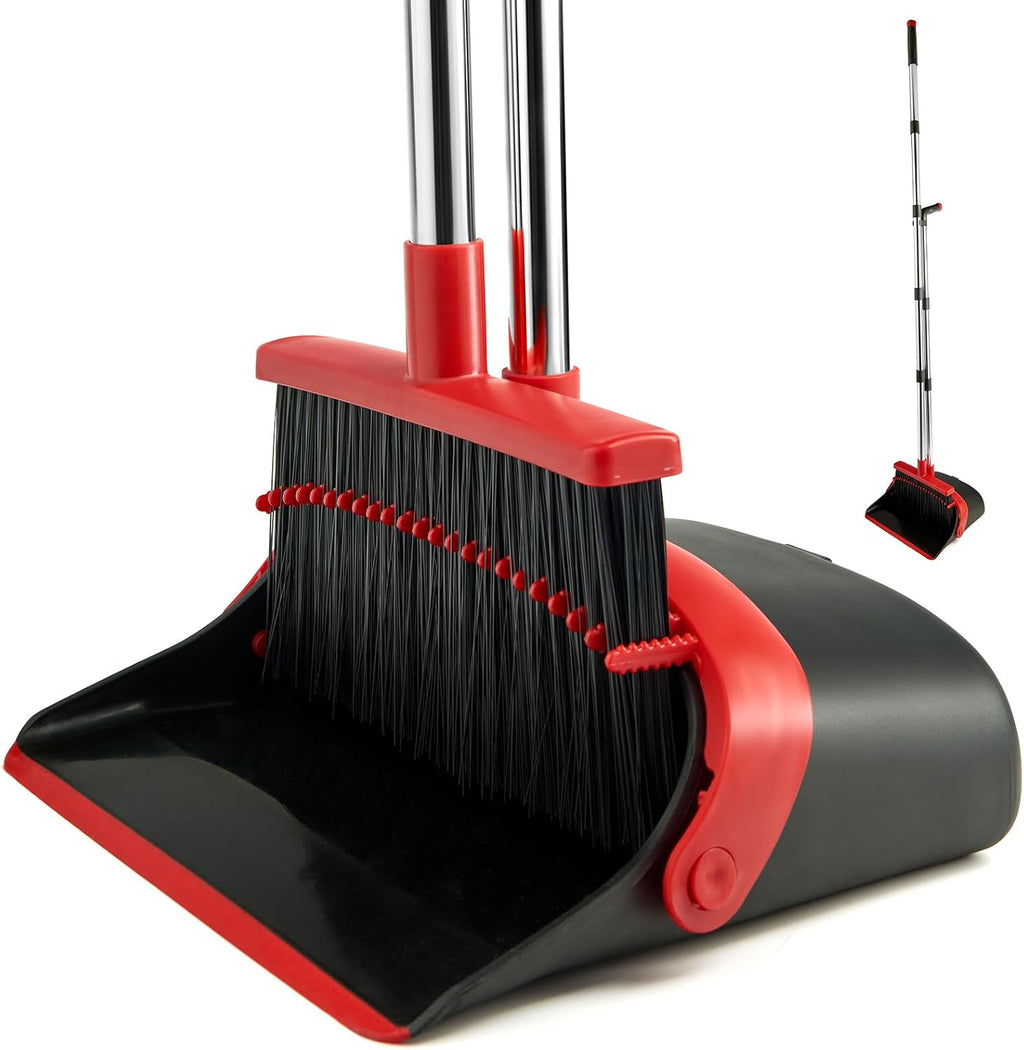 Broom and Dustpan Combo Set,Long Handle,Black Red