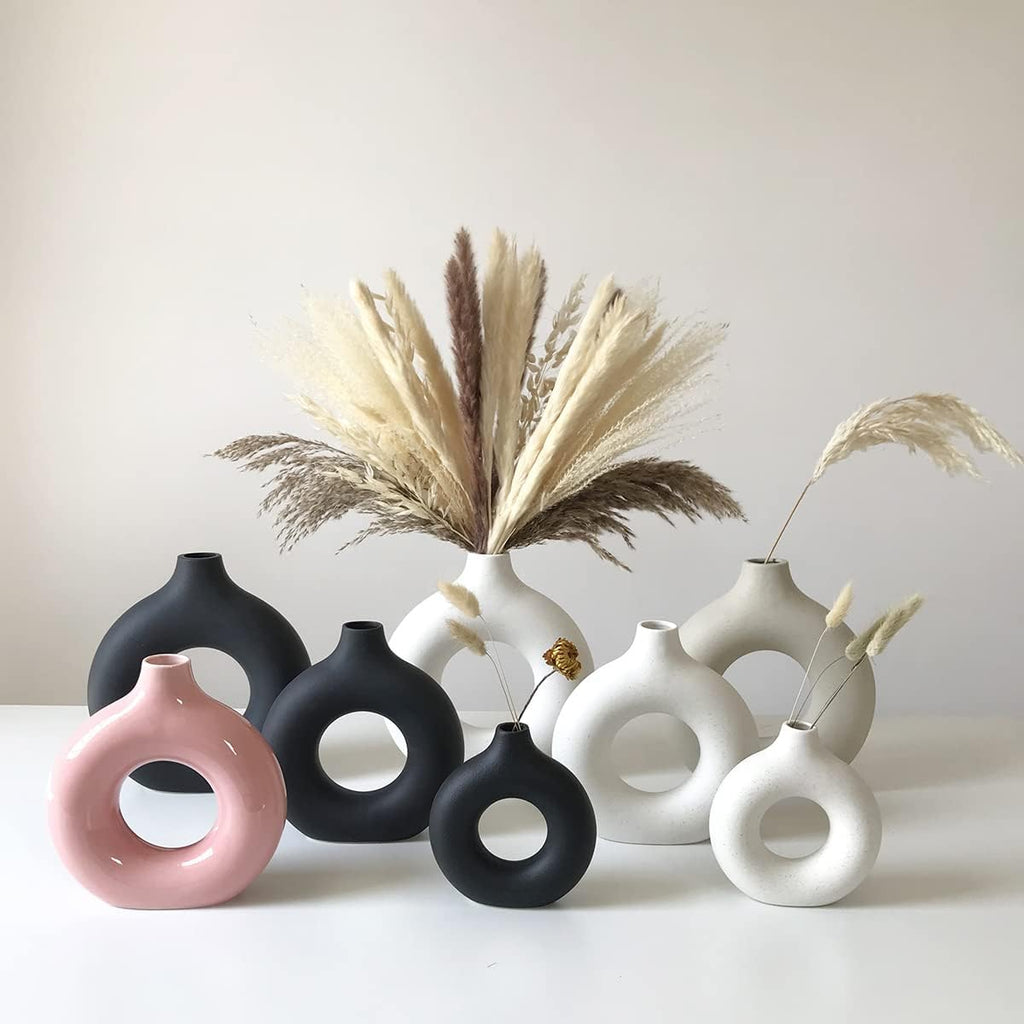 White Ceramic Vases for Pampas Grass,Water Drop Design Doughnut vase Modern Home Decor Minimalist Nordic Boho Ins Style (Black Medium)
