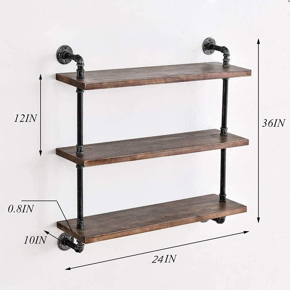 DR.IRON Industrial Pipe Shelves Wall Shelving Rustic Wood Shelf Storage Shelves 3 Tiers Wall Mount Pipe Design DIY Shelf Retro Wall Shelving (Black, 24" L)