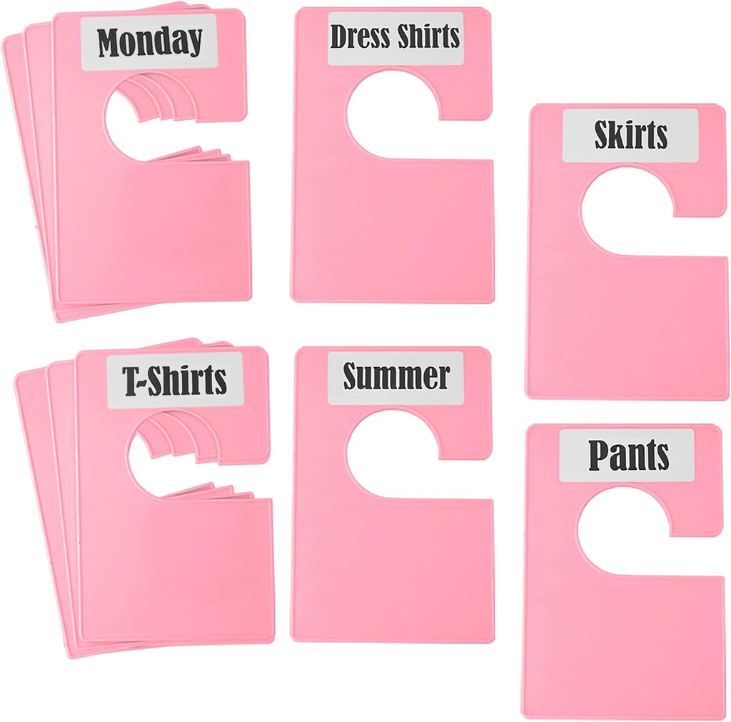 10 Pack White Clothing Rack Size Dividers Plus 45 Labels (1 Inch) and 18 Large Blank Labels, Large Rectangular Clothing Closet Dividers (Pink)