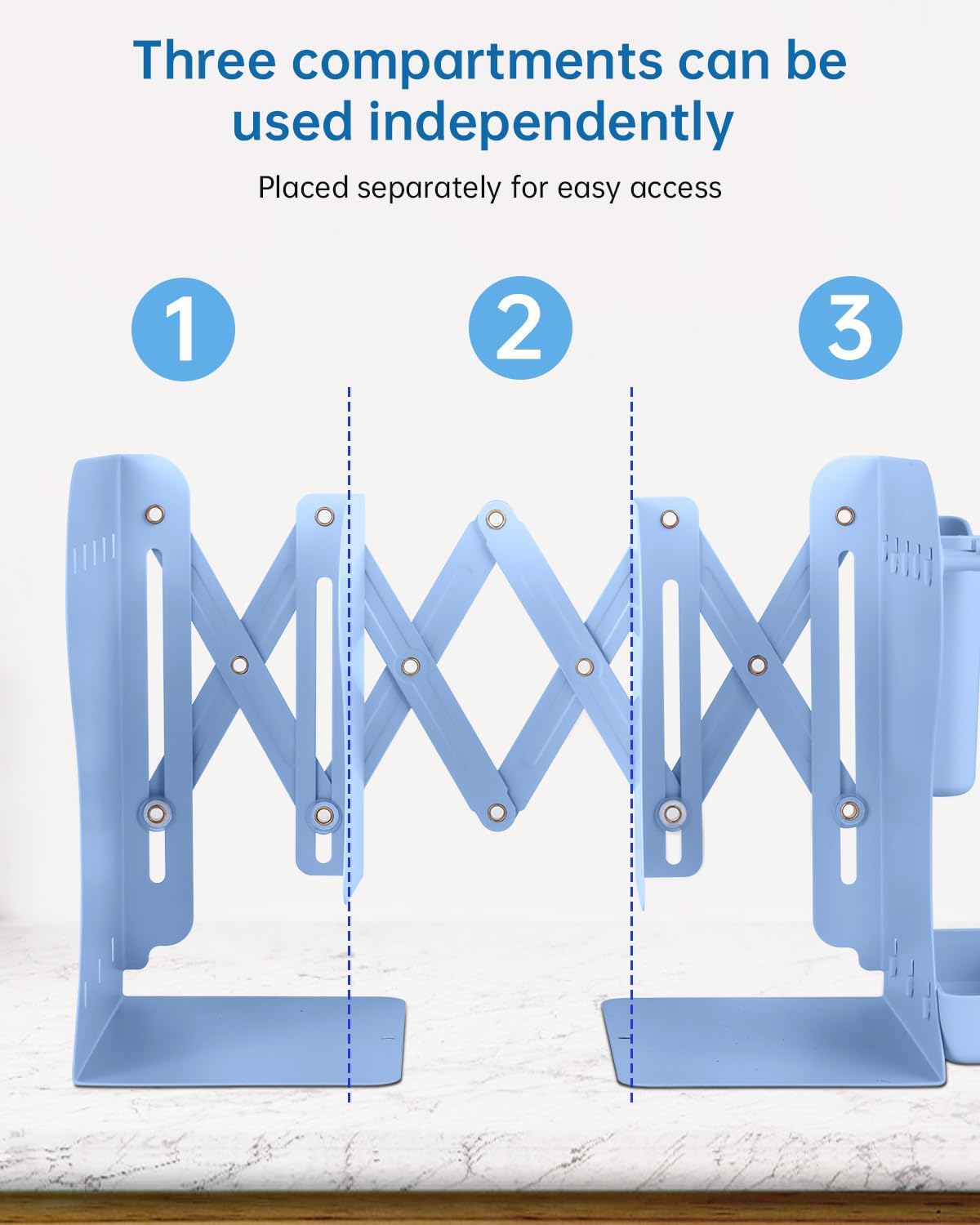 Honagu Adjustable Bookends, Metal Book Ends for Shelves Heavy Book, Bookend for Home, Office, Books, Papers, Book Stopper with Removable Hook, Pen Holder, Gifts for Students, Teachers（Light Blue）