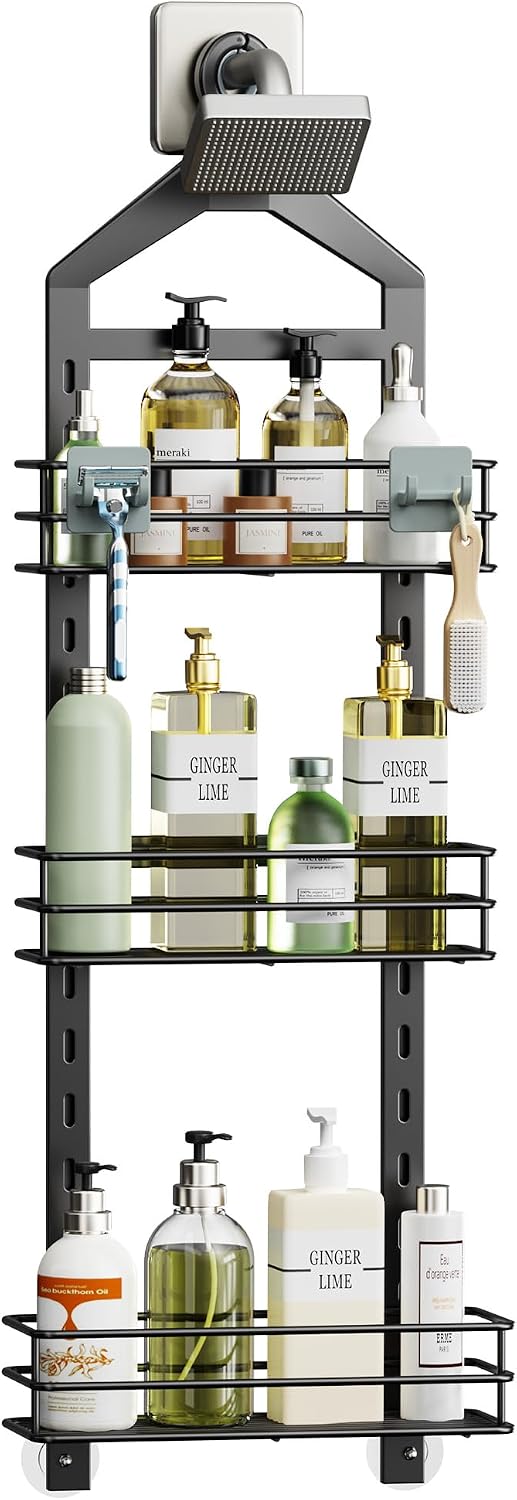 Orimade Adjustable Anti-slip Shower Caddy over Head, Rustproof Bathroom Hanging Organizer with 2 Hooks for Razor, No Drilling Shower Shelves Storage Rack 3 Tier, Black