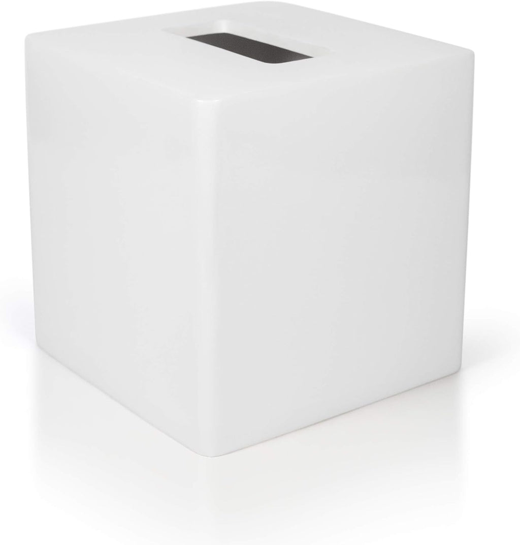 White Tissue Box Cover Square –Heavy Hand-Poured Resin Tissue Box Cover Holder –Home Decor Cube Square Tissue Box Holder with High Gloss Lacquer Finish – Stays Shiny & Won’t Move When Pulling Tissues