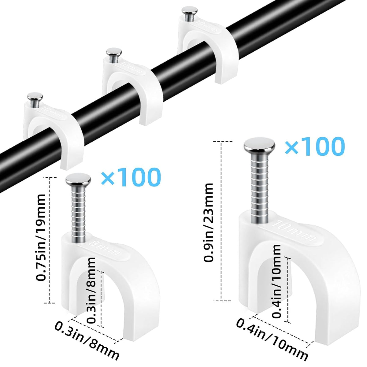 200 Pcs Cable Clips & Wire Clips,8mm/10mm Cable Clamps,Cord Clips,Tacks Cable Nails,Cable Cord Holder - for Ethernet Cables,Speaker Wire, Electrical Wire,Coax Cable,Wall Cord Management
