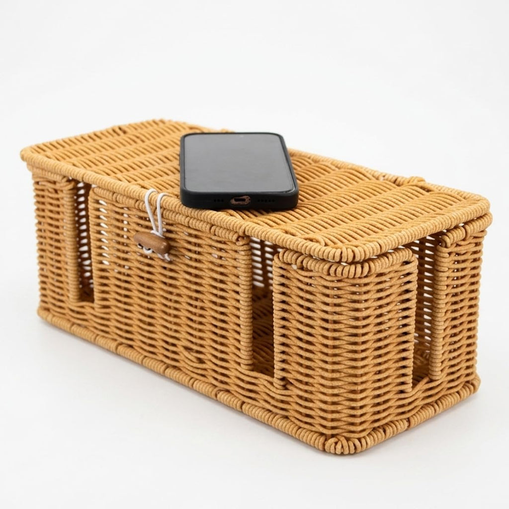 Rattan Cable Management Box, Woven Cord Organizer and Cord Hider with Lid to Hide Power Strips, Aesthetic Wire Hider for Home Office Desk, 13" x 5.91" x 5.12"