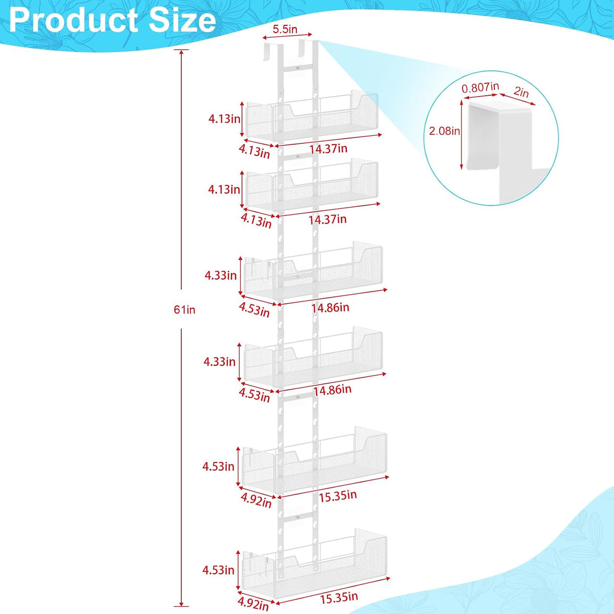 Hongtamoya Over The Door Organizer, Metal Hanging Door Organizer with 6 Adjustable Baskets and 5 Hooks, Behind The Door Storage for Closet Cabinet Kitchen Bathroom Bedroom Pantry Door Organizer, White