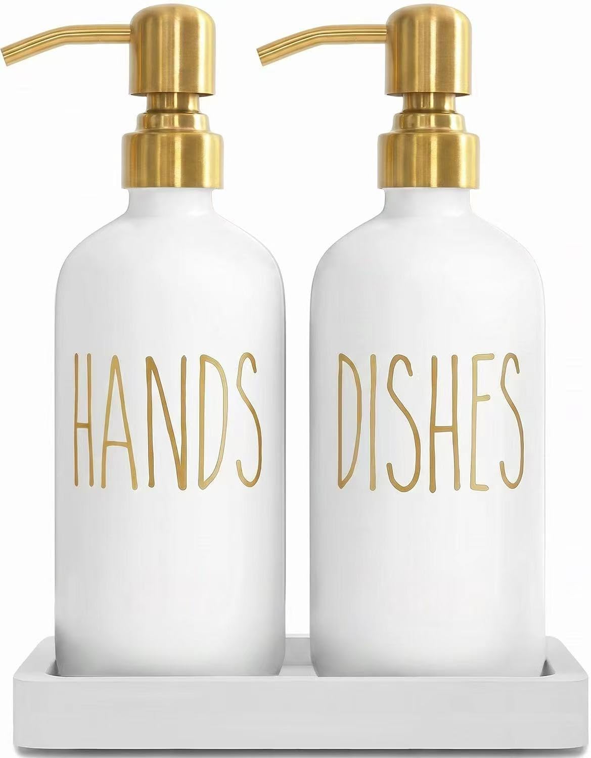 MOMEEMO Soap Dispenser Set with Ceramic Tray, Gold