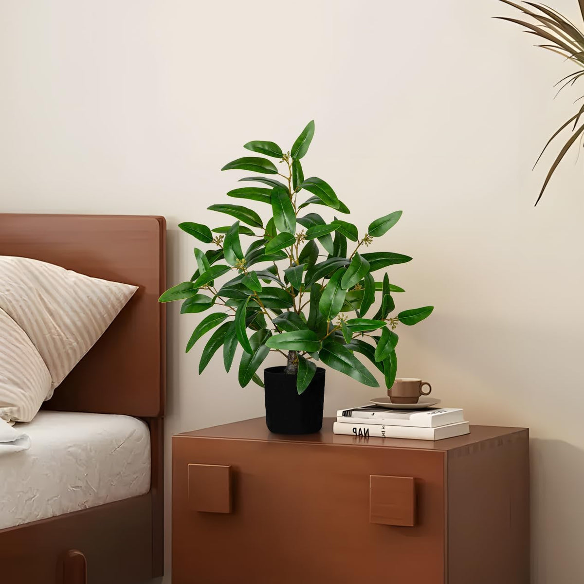 Artificial Plants Indoor with Pot, 19.7" Fake Potted Plants Eucalyptus Leaves, Silk Plant for Home Decor Indoor Plants Artificial for Home Office Bedroom Farmhouse Entry Table Shelf Decor, Deep Green