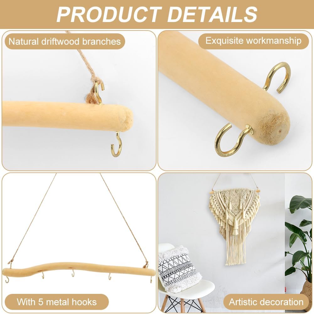 2 Pack 15" Natural Driftwood Wall Hooks, Farmhouse Jewelry Organizer