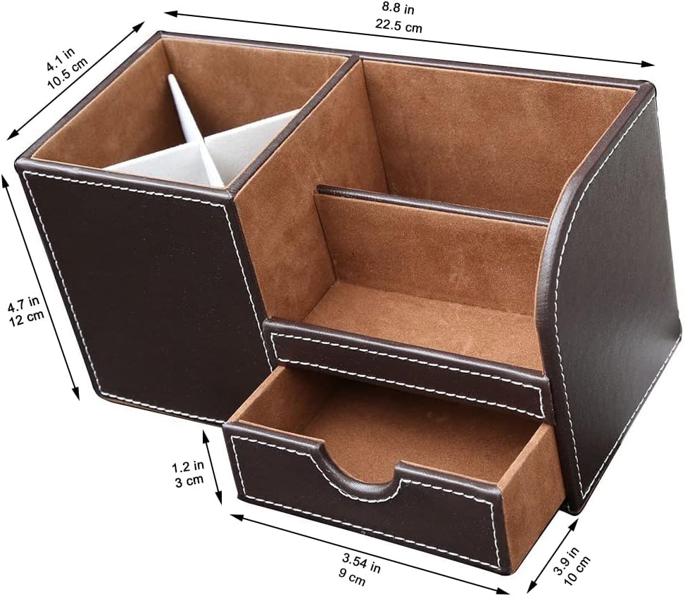 KINGFOM Desk Organizer Office Supplies Caddy Pu Leather Multi-function Storage Box Pen/Pencil,Cell phone, Business Name Cards Remote Control Holder with Small Drawer Brown