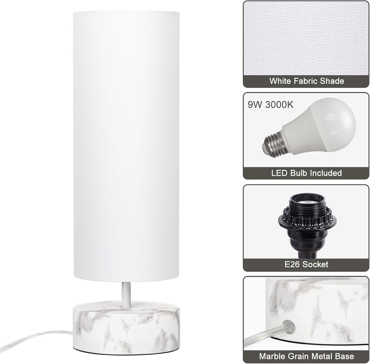 Touch Table Lamp with Marble Grain Metal Base, 3 Way Dimmable Bedside Lamp