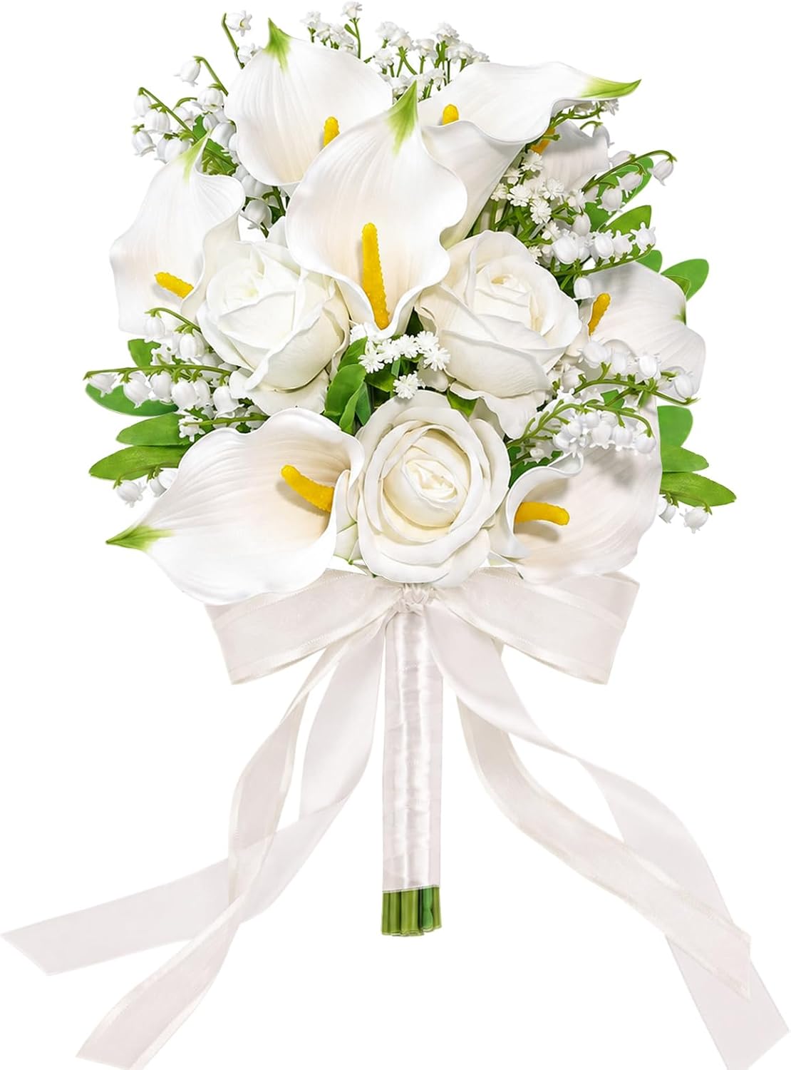 Wedding Bouquets for Bride Bridesmaid 13.8 Inch Ivory White Calla Lilies Artificial Roses Flowers Bridal Bouquets for Bride Wedding Marriage Proposal Party Church Decoration
