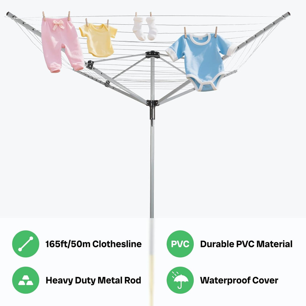 Outdoor Umbrella Drying Rack, 4-Aluminum Arms Folding Rotary Dryer with 12 Lines 165 ft Drying Space Adjustable Height Clothesline w/Waterproof Cover & Ground Spike for Garden Backyard(Grey)