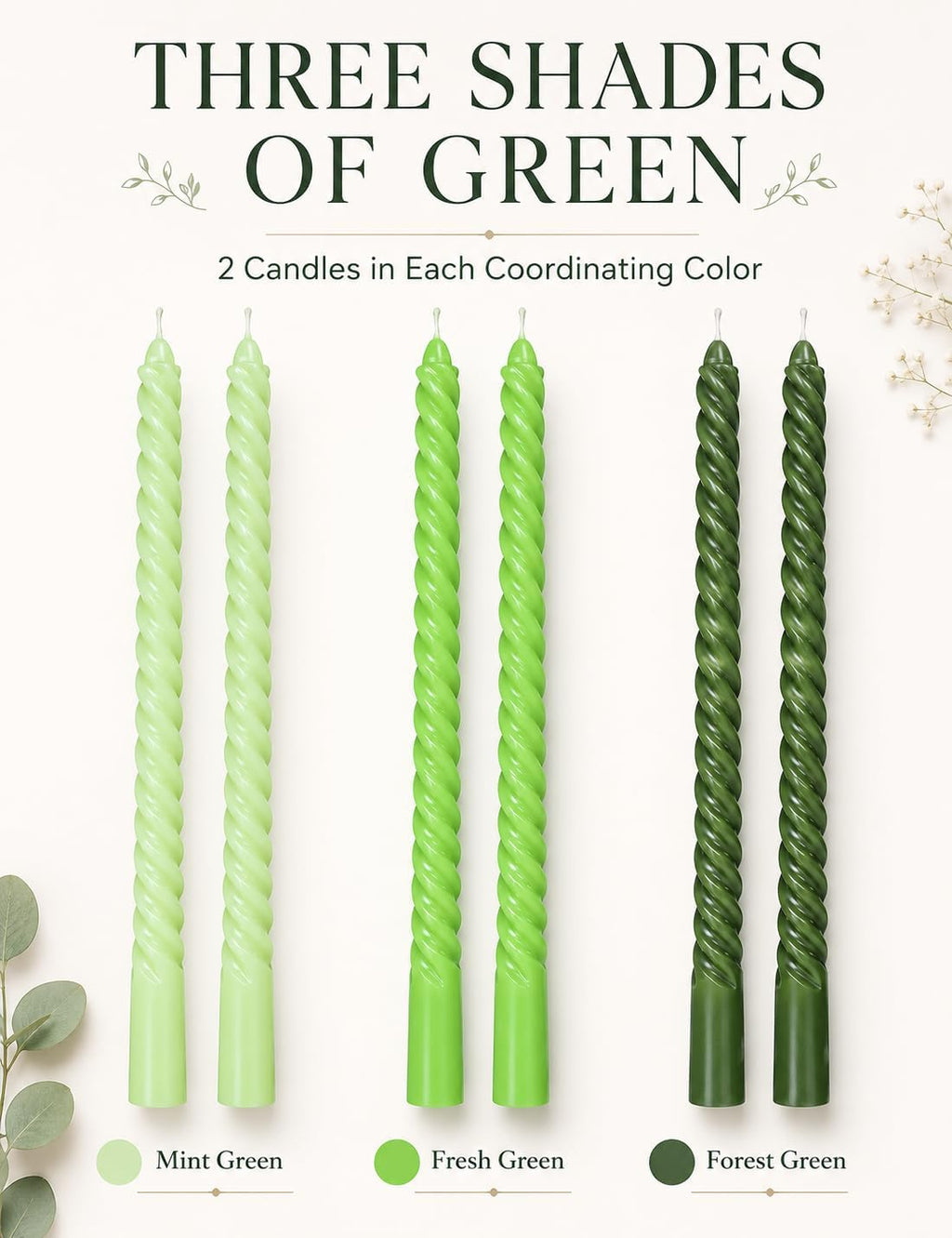 10 Inch Gradient-Green Spiral Taper Candle Set, 6 Pack Unscented Dripless Candlesticks for Dinner St. Patrick's Day Earth Day and Garden Parties