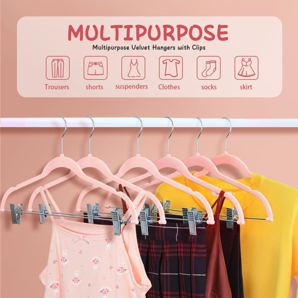 Stormix Baby Velvet Hangers with Clips Non-Slip Pink 24 Pack 11.8 inches