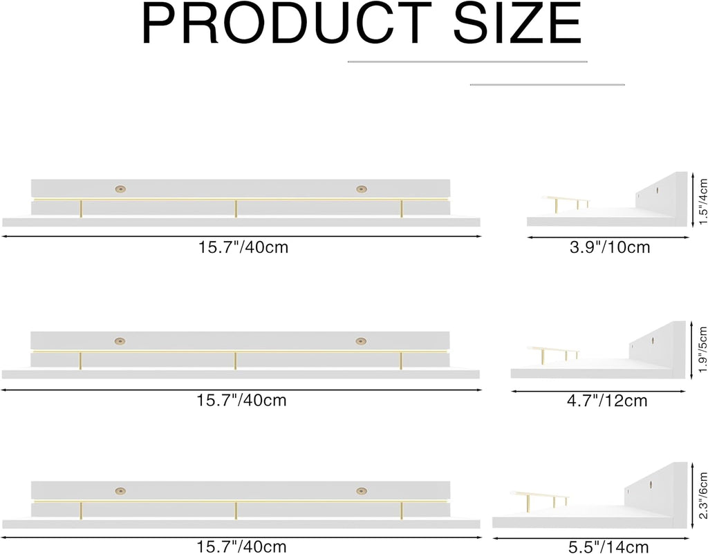 Giftgarden 16 Inch White Floating Shelves with Gold Metal Guardrail, Wood Shelves for Wall Storage Set of 3, Wall Shelf for Bathroom Bedroom Living Room Kitchen Nursery