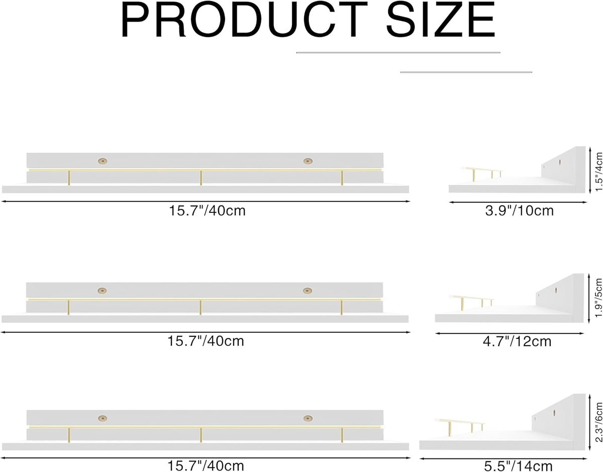 Giftgarden 16 Inch White Floating Shelves with Gold Metal Guardrail, Wood Shelves for Wall Storage Set of 3, Wall Shelf for Bathroom Bedroom Living Room Kitchen Nursery