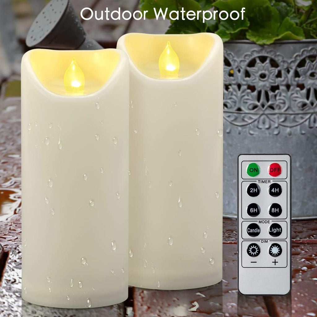 2 PCS 3"x7" Outdoor Waterproof Flameless LED Pillar Candles with Remote Timer, Battery Operated Electric Flickering Plastic Fake Candle for Halloween Christmas Lantern Decorations (Ivory)