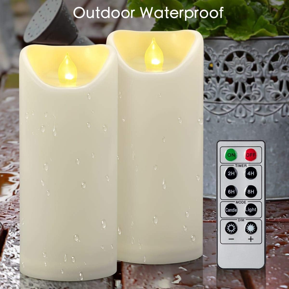 2 PCS 3"x7" Outdoor Waterproof Flameless LED Pillar Candles with Remote Timer, Battery Operated Electric Flickering Plastic Fake Candle for Halloween Christmas Lantern Decorations (Ivory)