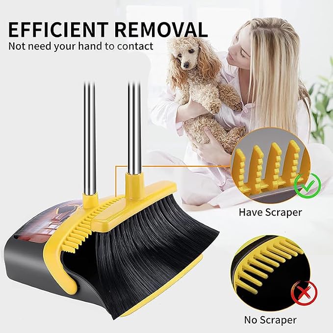 2 Pack is More economical,Brooms with Dustpan Combo Set， with 52" Long Handle, Dustpan Teeth with self-Cleaning Function, Indoor and Outdoor Sweeping, Perfect for Home Office (Large/Yellow/ 2-Pack)