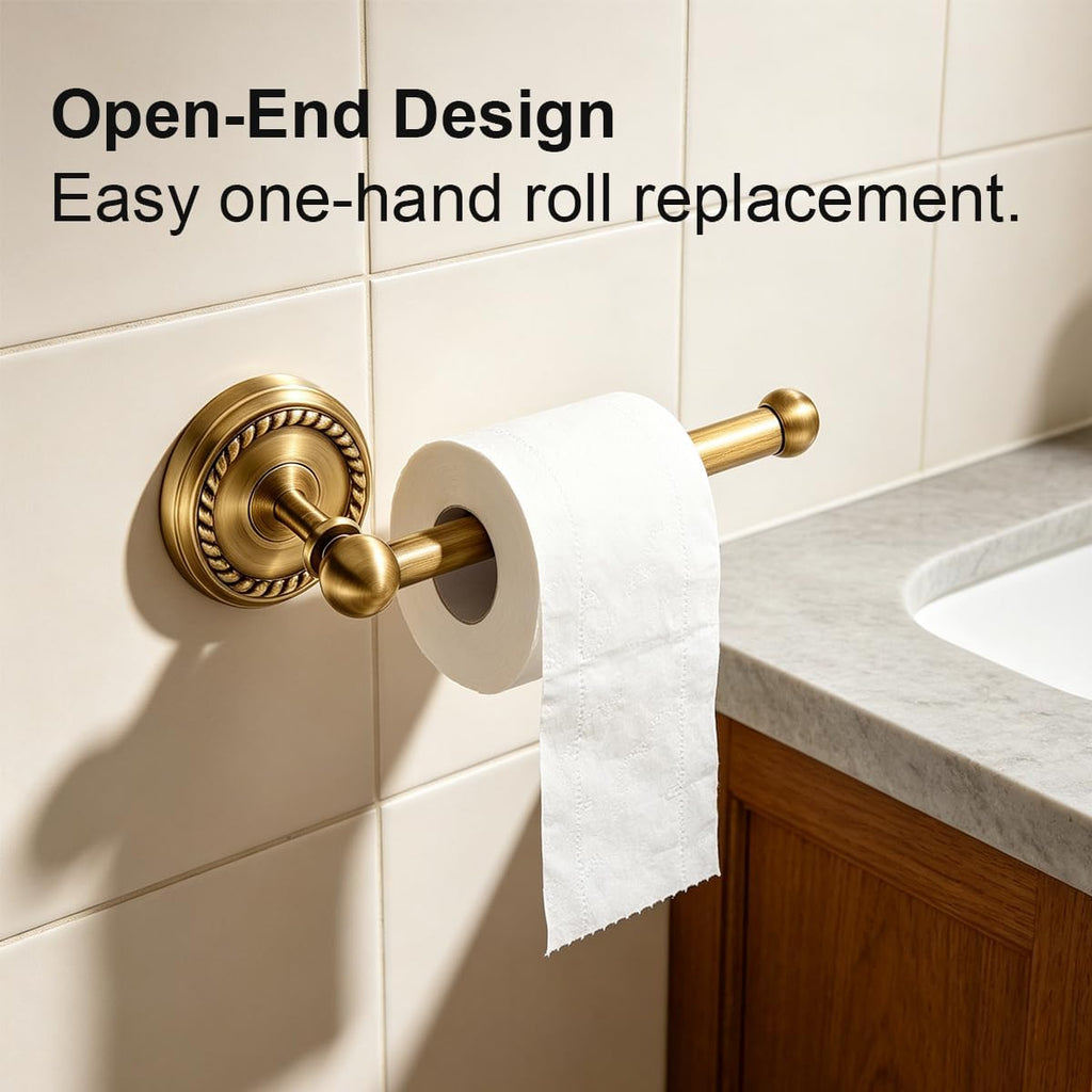 Wall Mounted 4 Pcs Antique Brass Bathroom Hardware Set Gold Bathroom Accessories, Vintage Bath Towel Bar Toilet Paper Holder Towel Ring & Double Robe Hook Kit for Shower Room
