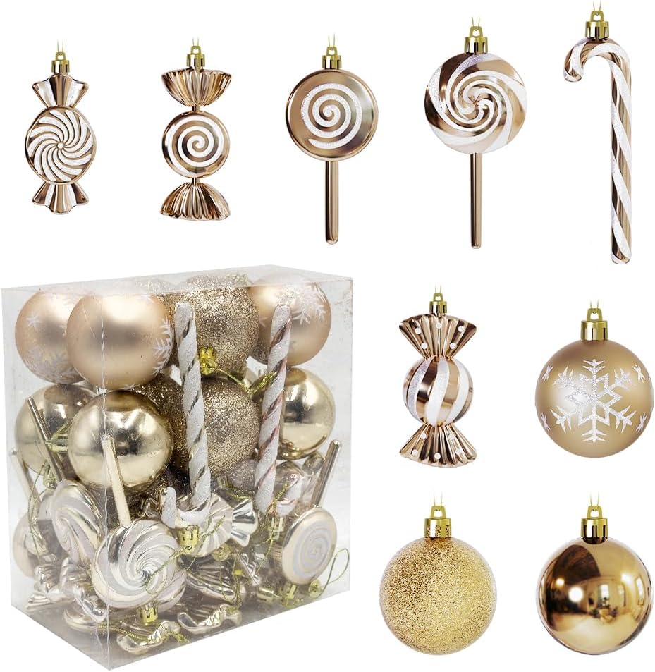 36 Pcs Christmas Ornaments, MOYEE Shatterproof Plastic Christmas Ornaments for Tree - Candy Cane Christmas Decorations Candies Christmas Ball Ornaments (Sliver)