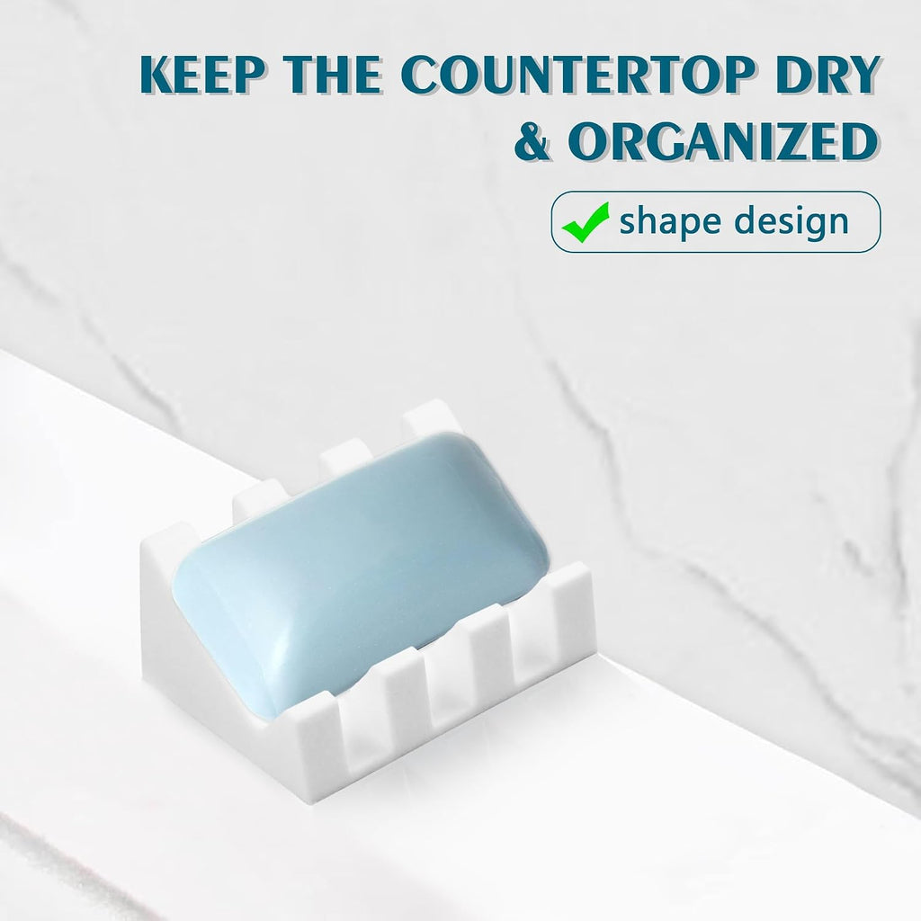 Self Draining Soap Dish Holder,Silicone Soap Dish,for Bathroom,Kitchen, Sponges，Can Extend Soap Life，Keep Soap Bars Dry and Easy Cleaning (White,3-Pack)