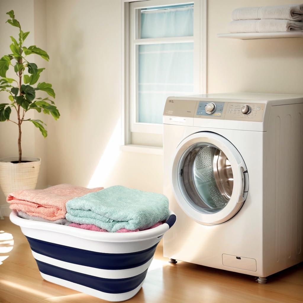 SAMMART 40L (10.5 gallon) Set of 2 Collapsible Plastic Laundry Hamper - Foldable Pop Up Storage Container/Organizer - Portable Washing Tub - Space Saving Basket (2, White/Starry Blue)