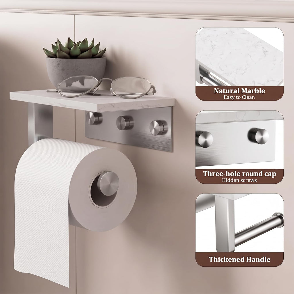BWE Brushed Nickel Toilet Paper Holder with Marble Shelf Wall Mounted